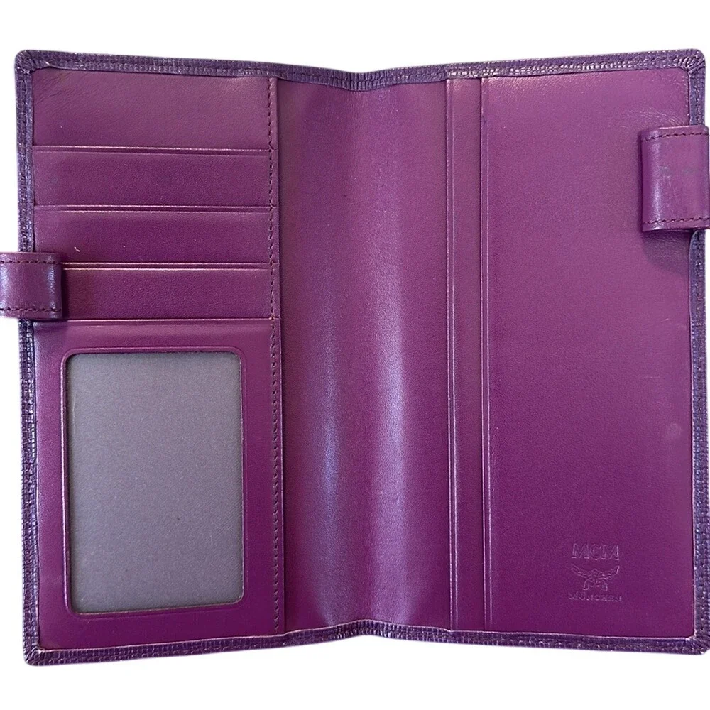 MCM Long Slim Wallet Purple Textured Leather Bifold Gold Logo Luxury